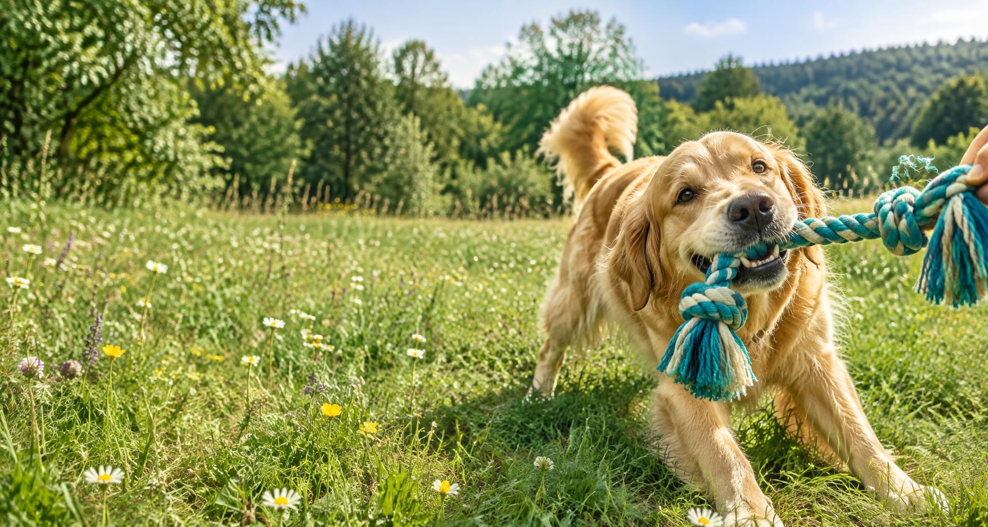 Golden retriever playing with a rope toy in a sunny meadow